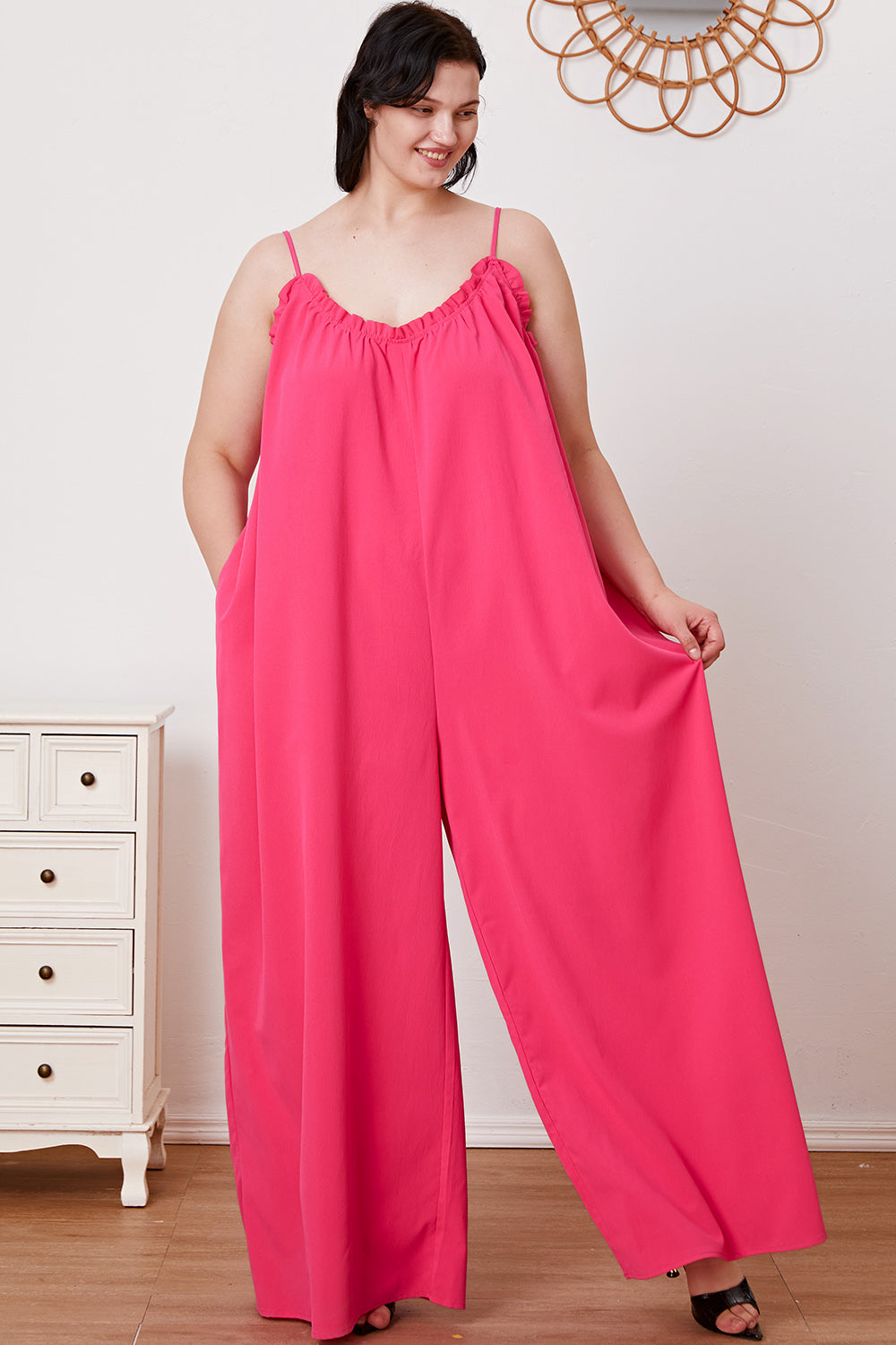 Double Take Full Size Ruffle Trim Tie Back Cami Jumpsuit with Pockets - ThingsWeUseAndLove 