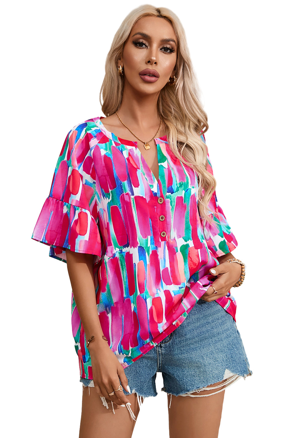 Rose Abstract Brushwork Print Buttoned V Neck Blouse - ThingsWeUseAndLove 