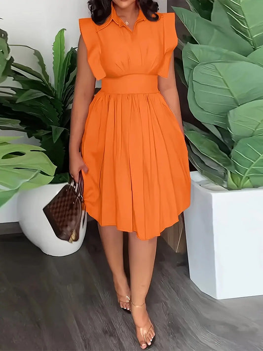 Everly Size Inclusive Ruffled Collared Neck Cap Sleeve Dress - ThingsWeUseAndLove Orange-3XL