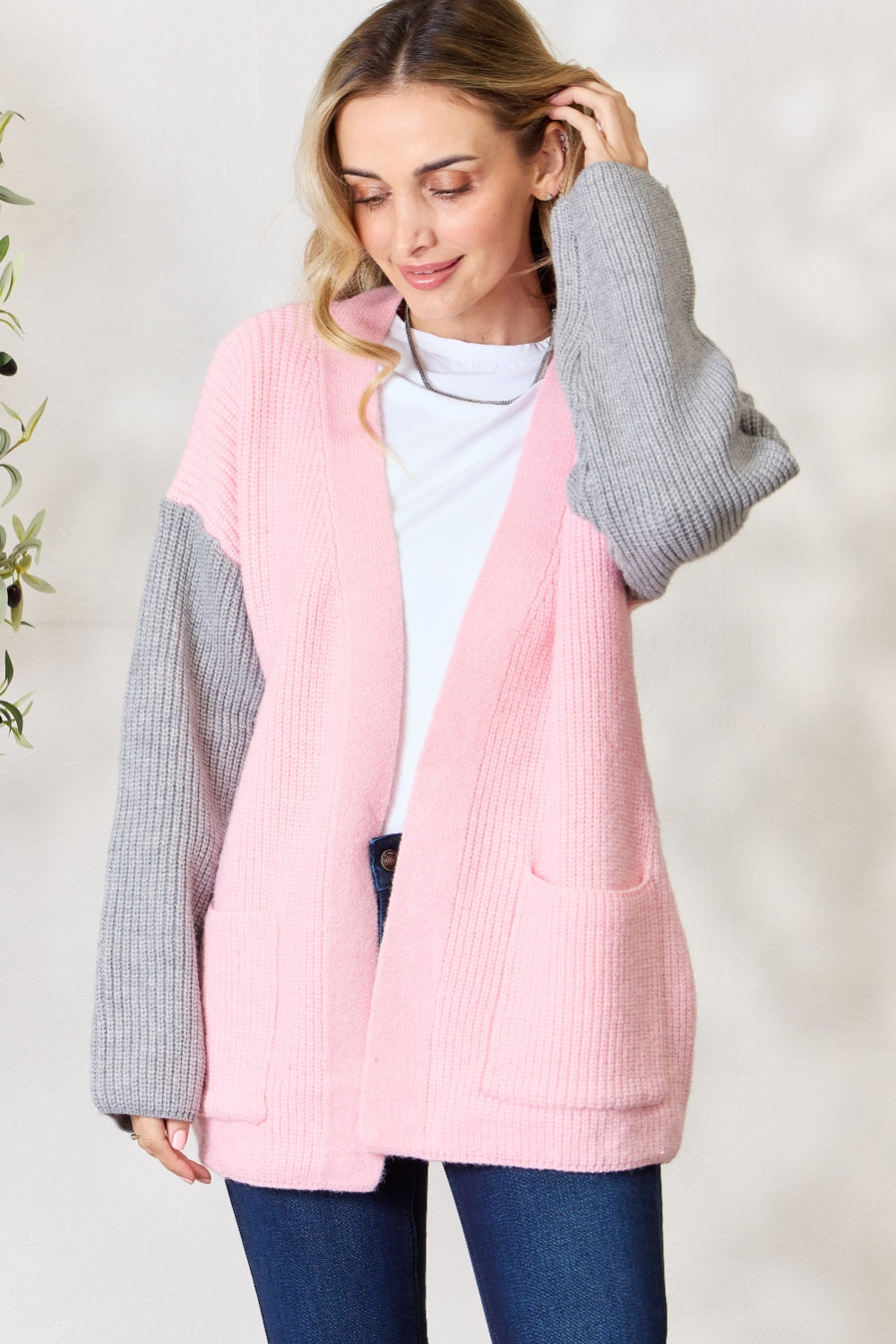 Grey/Blush Open Front Cardigan with Pockets - ThingsWeUseAndLove