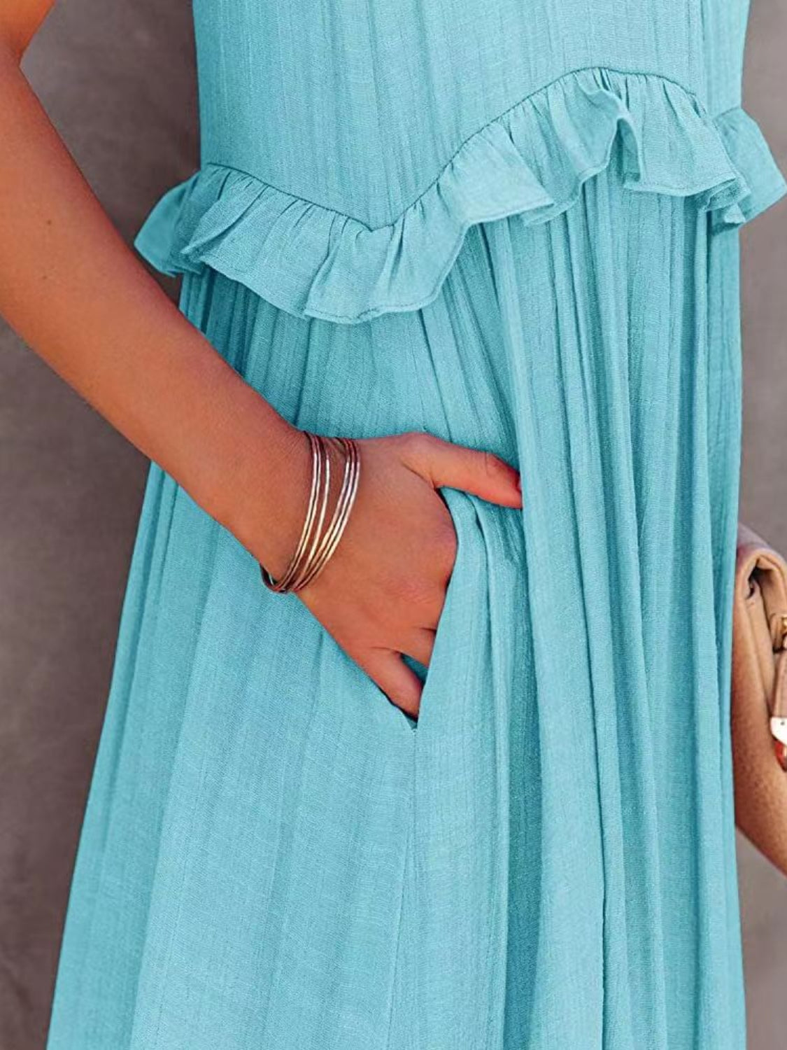 Ruffled Sleeveless Tiered Maxi Dress with Pockets - ThingsWeUseAndLove 