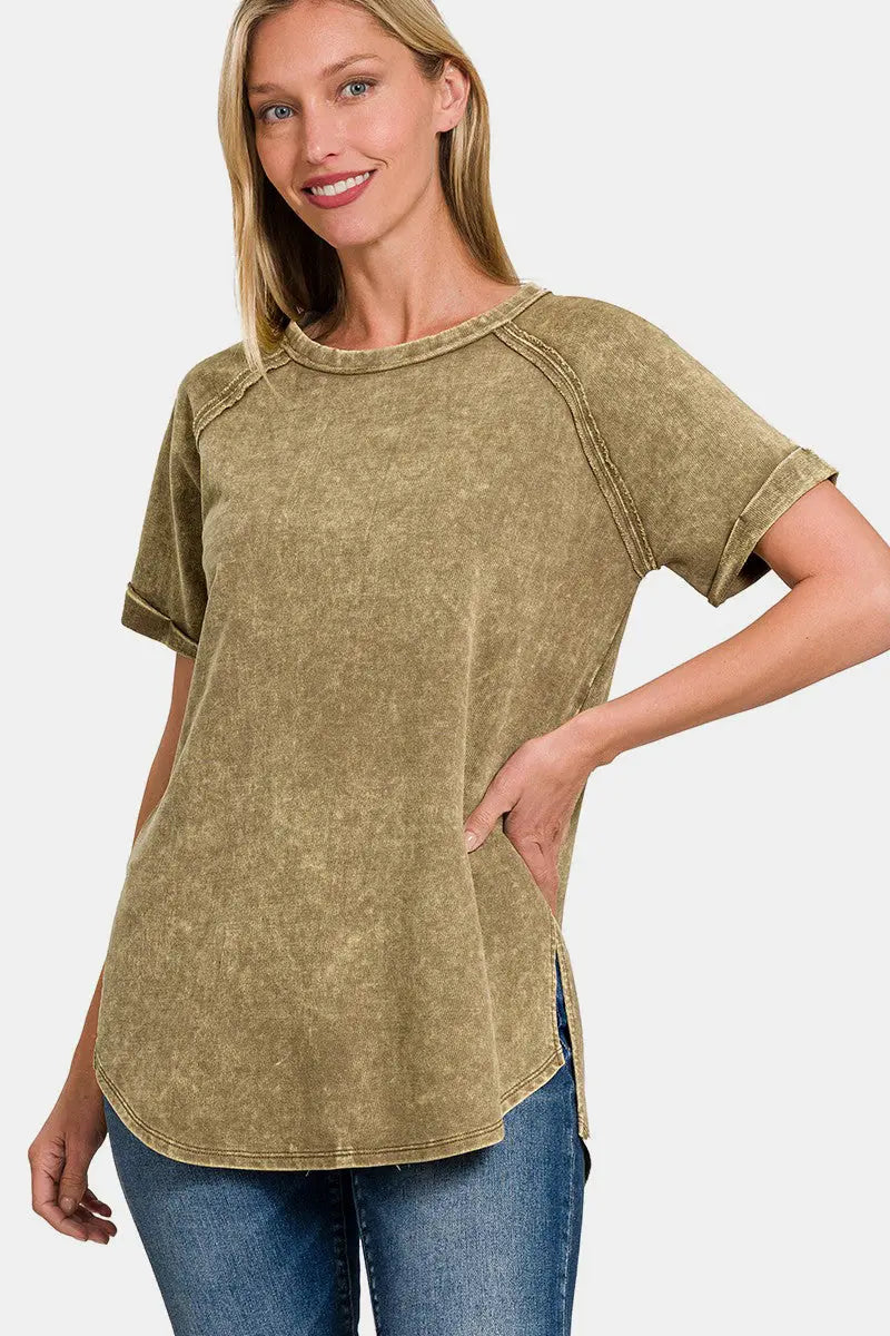 Taylor Mocha Heathered Round Neck Short Sleeve Top - ThingsWeUseAndLove Mocha-XL