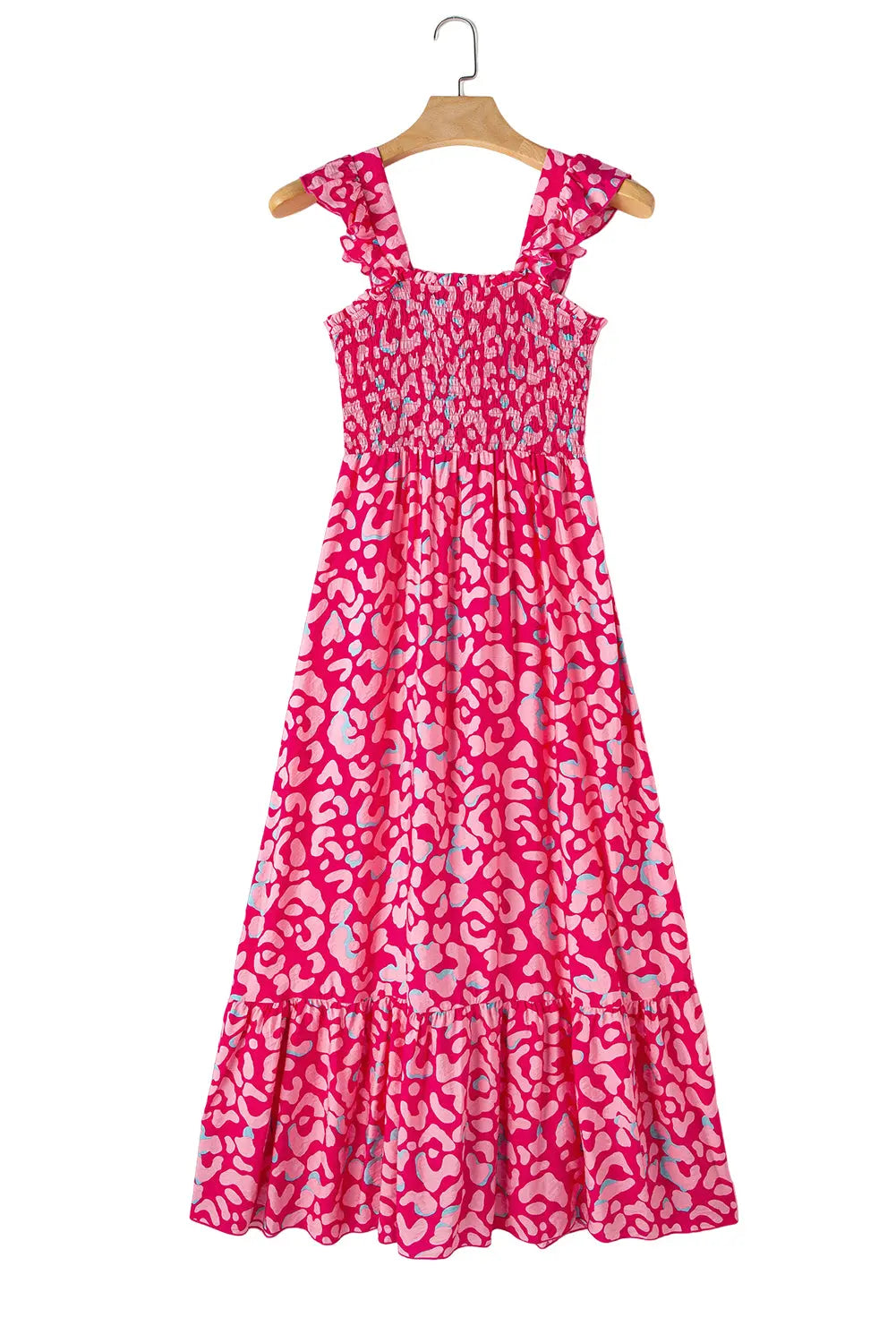 Rose Leopard Ruffle Straps Smocked High Waist Maxi Dress - ThingsWeUseAndLove 