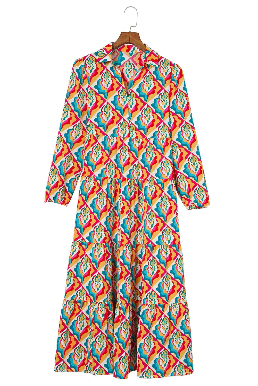 Notch Neck Tiered Multicolor Abstract Geometric Print Boho Dress - ThingsWeUseAndLove 