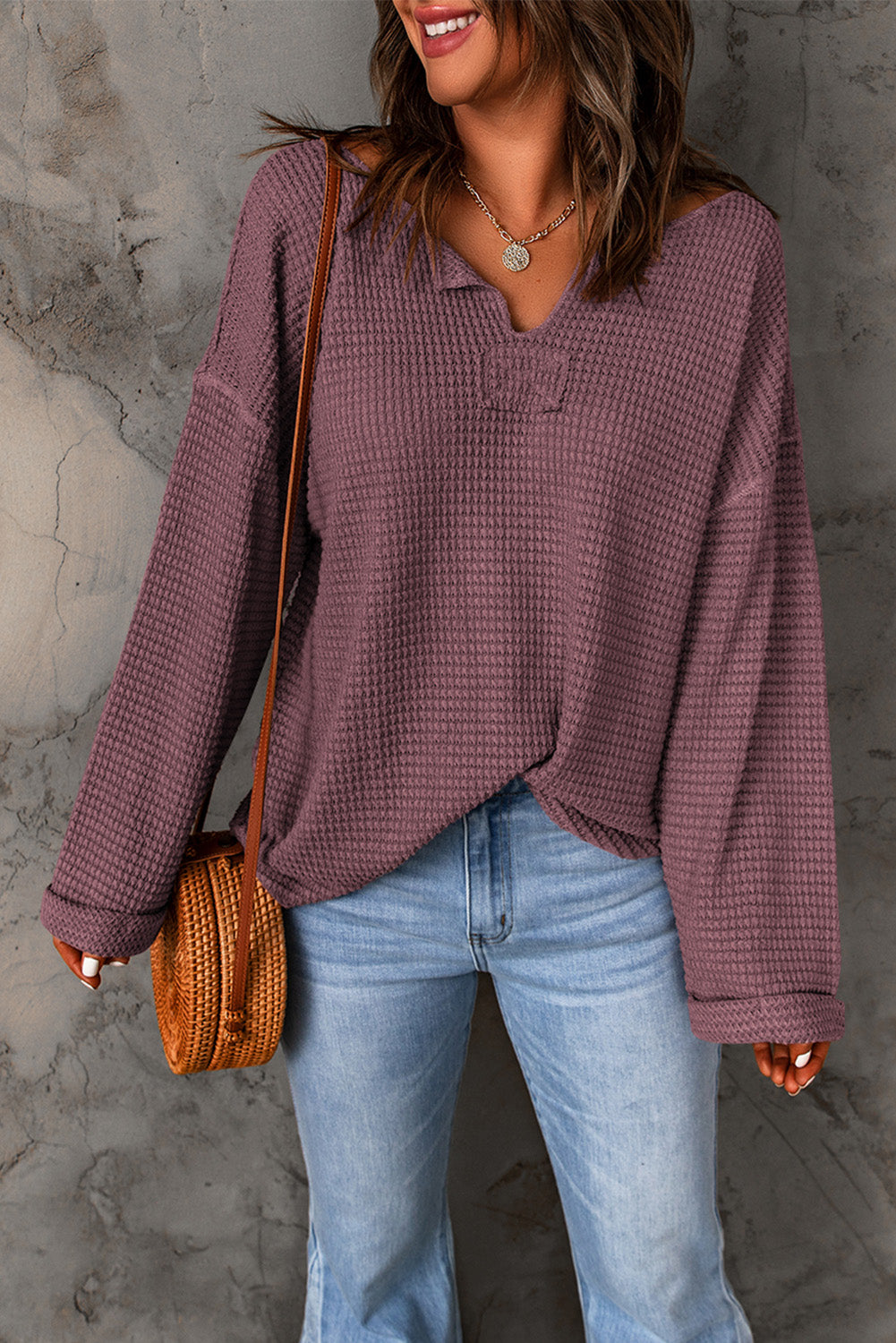 Split V Neck Drop Shoulder Waffle Knit Long Sleeve Top - ThingsWeUseAndLove 