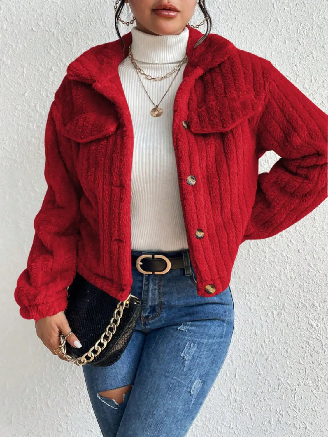 Lippy Fuzzy Button Up Collared Neck Jacket - ThingsWeUseAndLove 