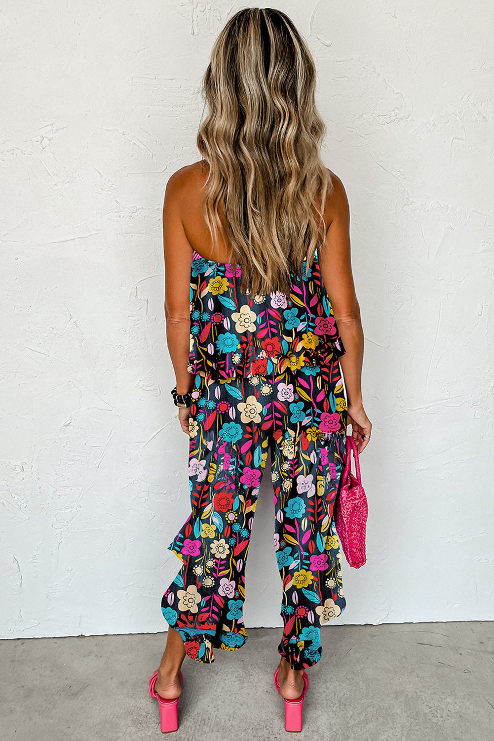 Tropical Print Strapless Ruffle Jumpsuit - ThingsWeUseAndLove 