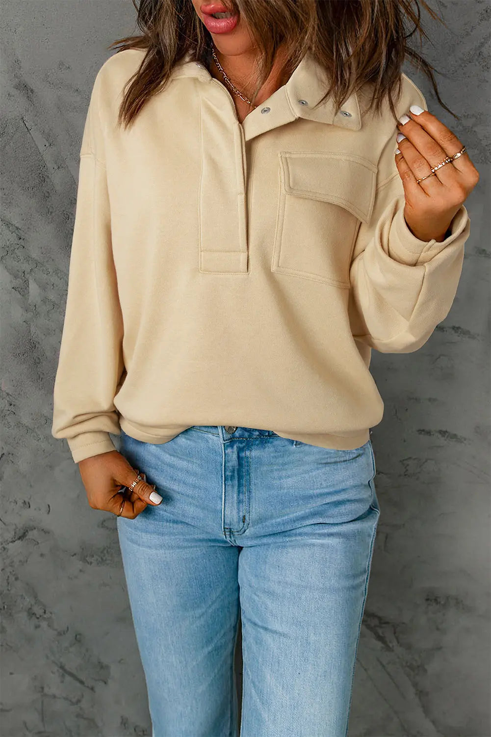 Long Sleeve Half Snap Sweatshirt - ThingsWeUseAndLove Tan-XL