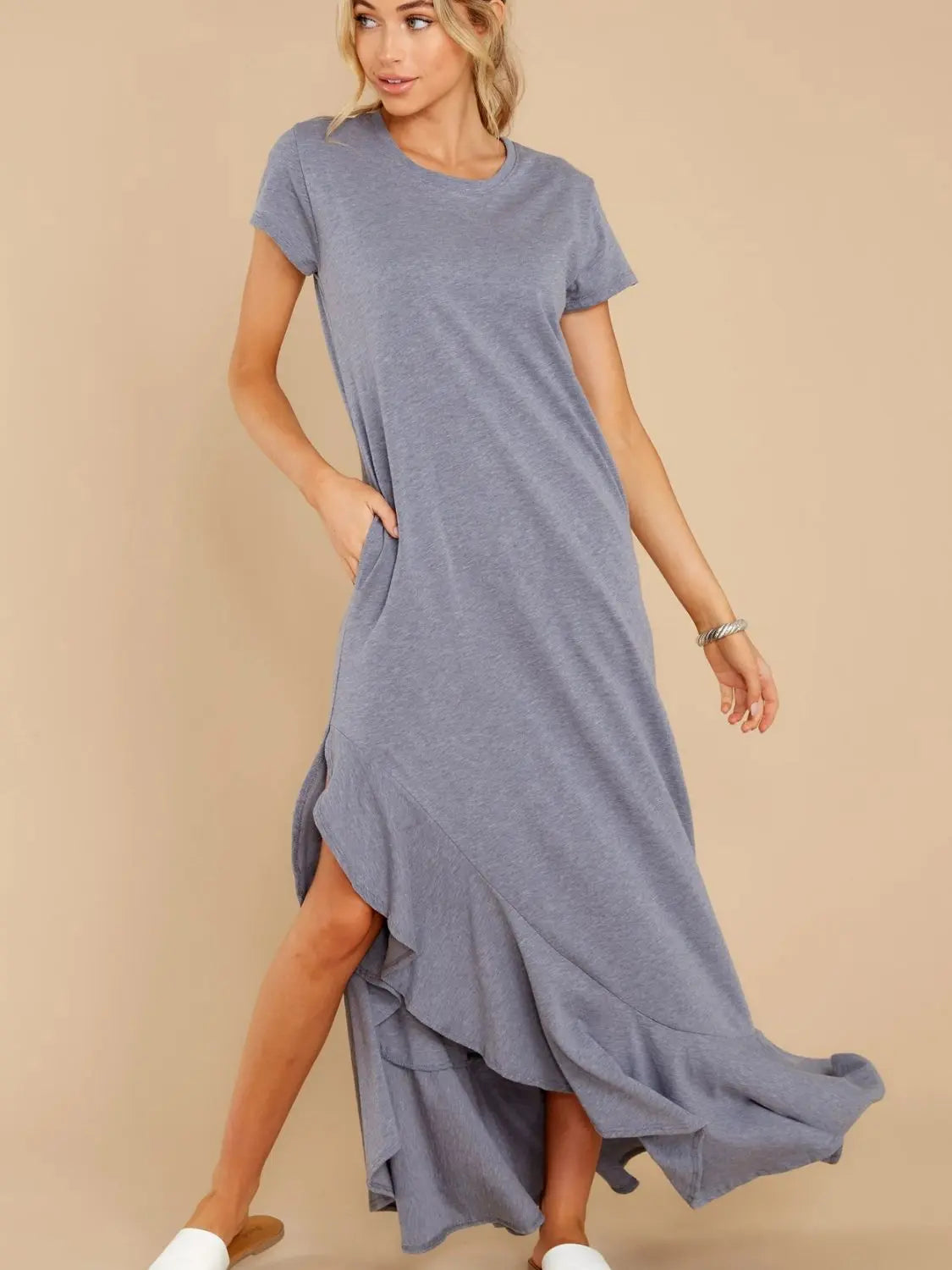 Short Sleeve Slit Round Neck Maxi Dress - ThingsWeUseAndLove Dark-Gray-XL