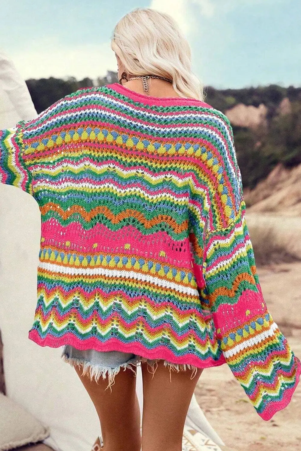 Rose Red Colorblock Striped Hollowed Knit Loose Sweater - ThingsWeUseAndLove 