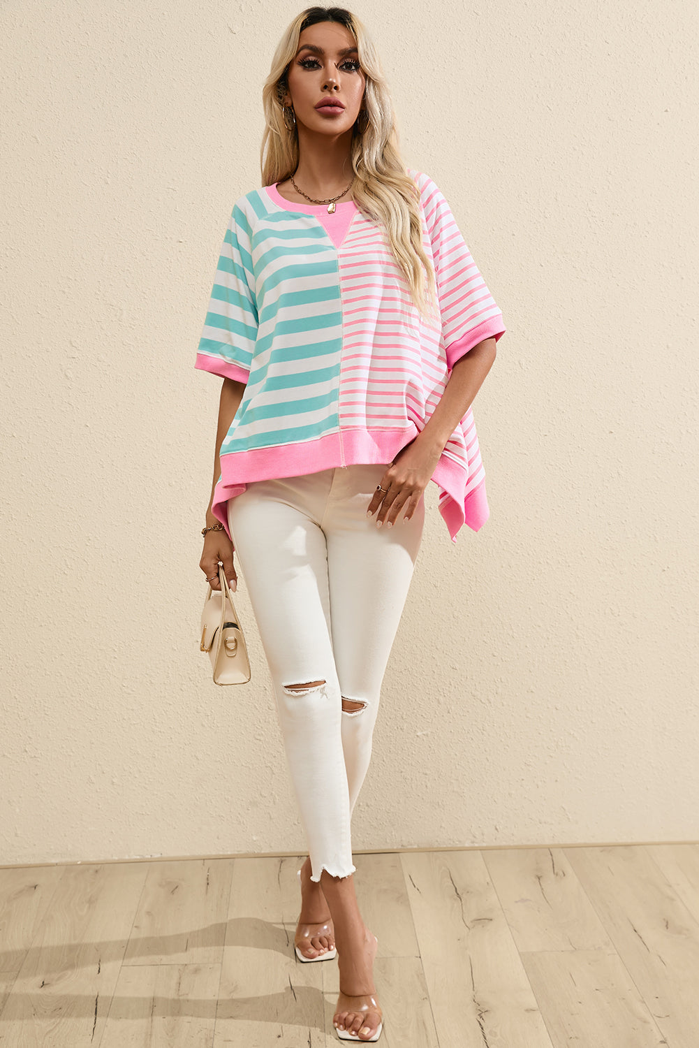 Pink Stripe Contrast Patchwork Oversized T Shirt - ThingsWeUseAndLove 