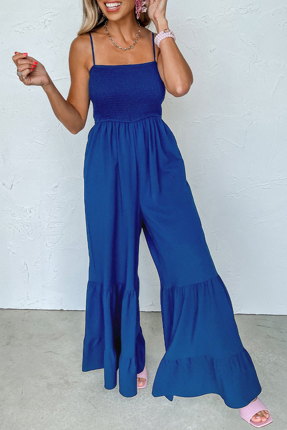 Spaghetti Straps Smocked Ruffled Wide Leg Jumpsuit - ThingsWeUseAndLove Navy-Blue-XL