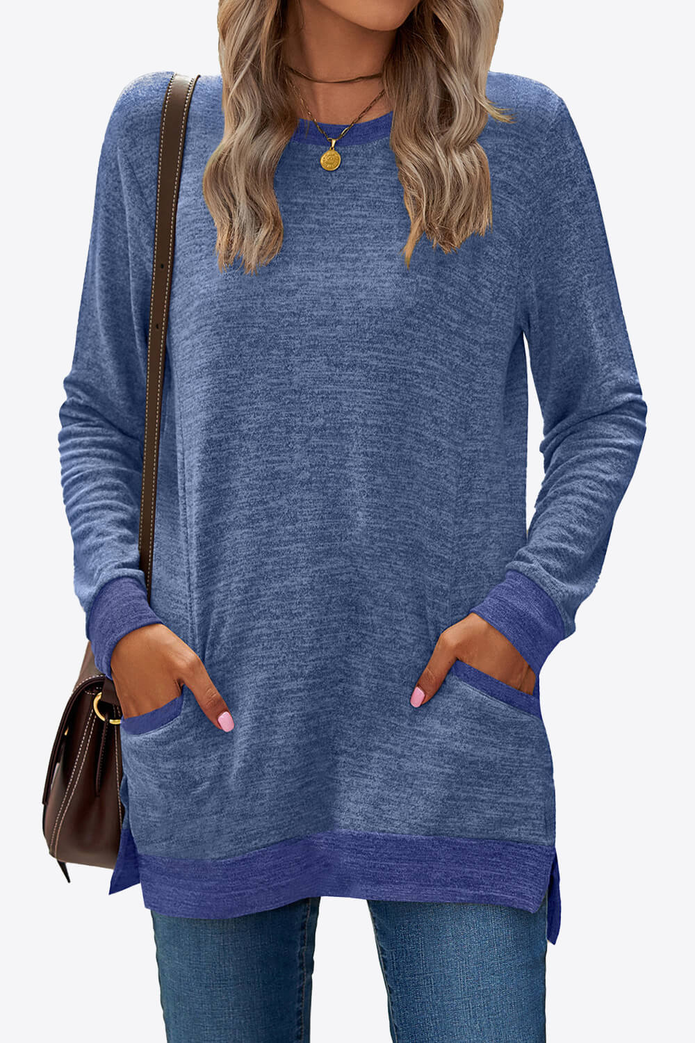 Heathered Slit Top with Pockets - ThingsWeUseAndLove Royal-Blue-2XL