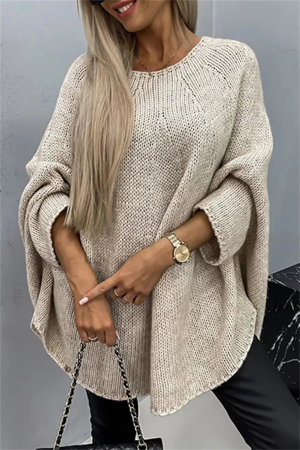 Batwing Sleeve Round Neck Sweater - ThingsWeUseAndLove Khaki-L-XL