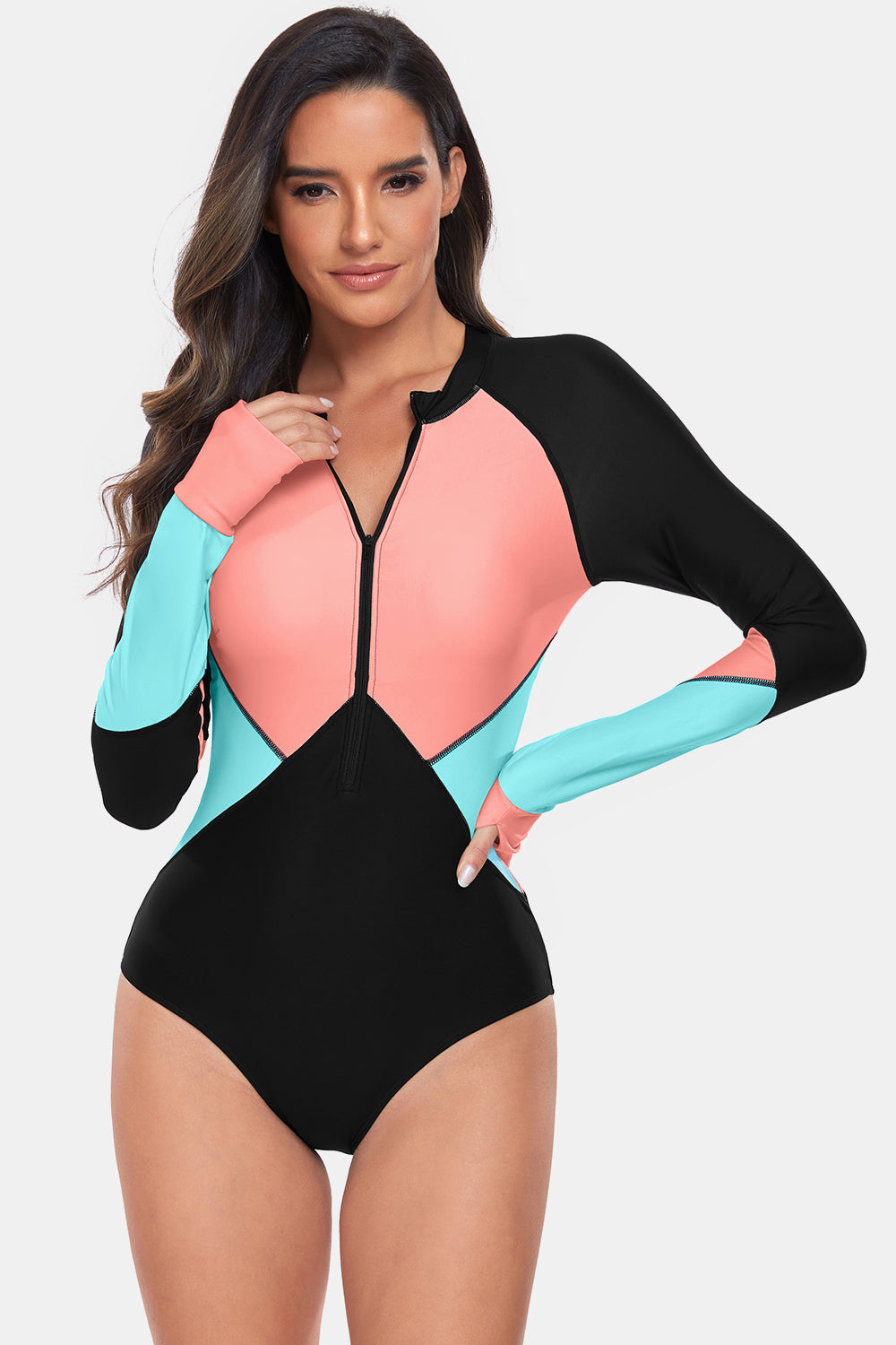 Bree Half Zip Long Sleeve Color Block One-Piece Swimwear - ThingsWeUseAndLove 