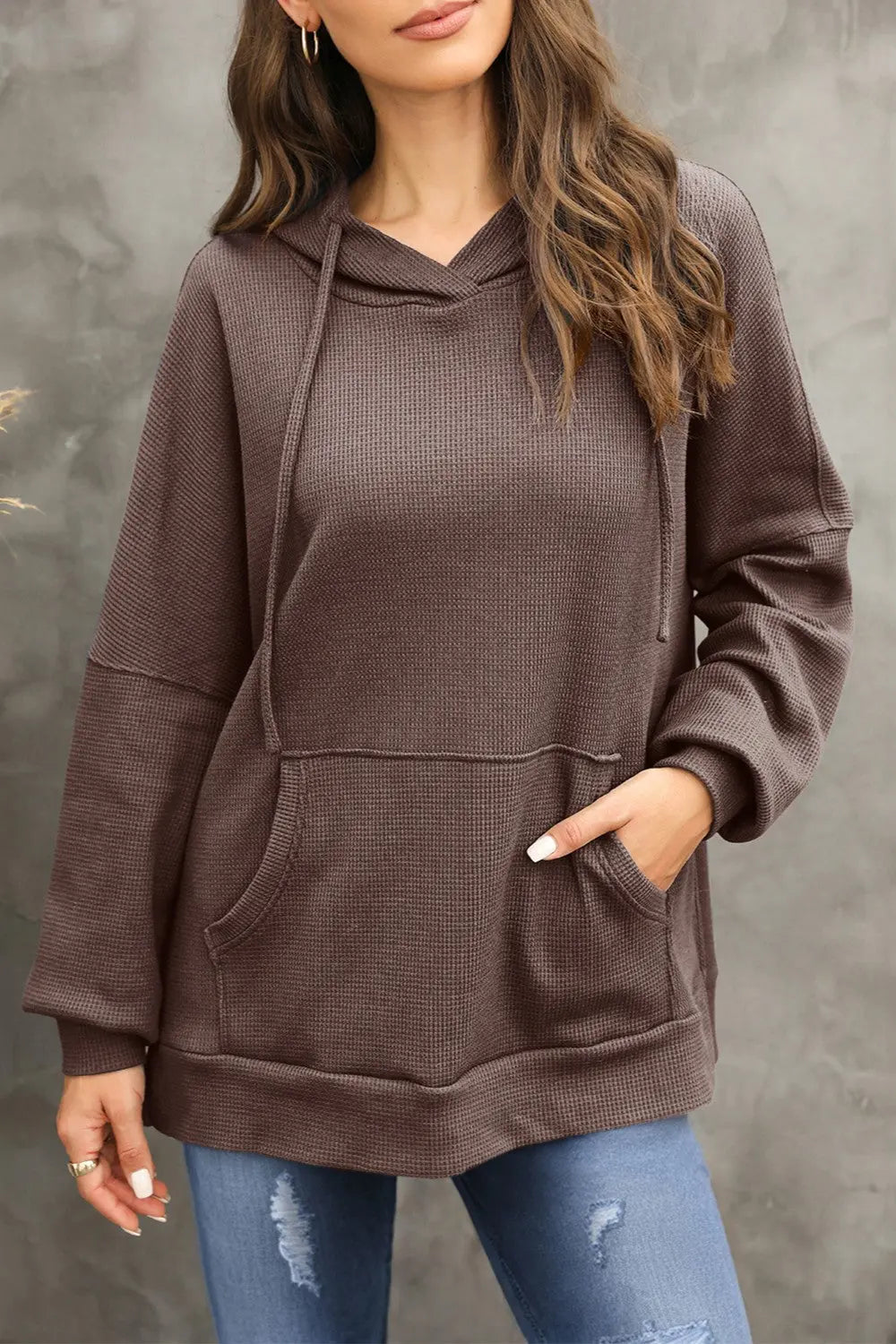 Isabella Waffle-Knit Long Sleeve Hoodie - ThingsWeUseAndLove Brown-M