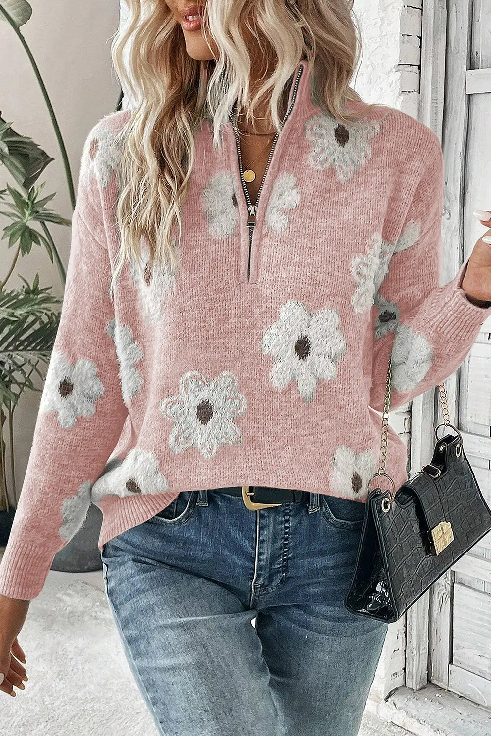 Pink Vintage 60s Floral Pattern Half Zip Collar Drop Shoulder Sweater - ThingsWeUseAndLove Pink-2XL