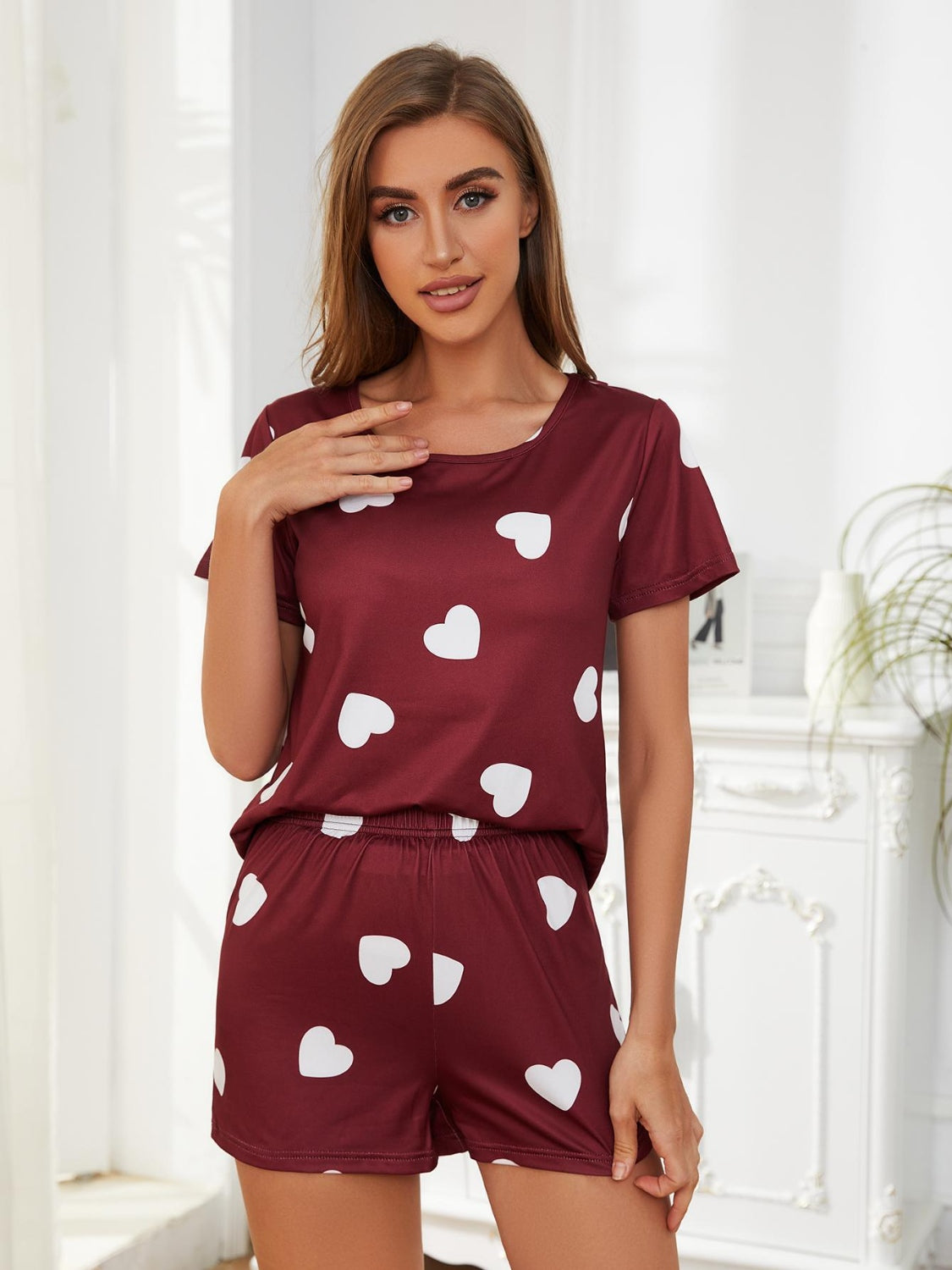 Heart Round Neck Top and Shorts Lounge Set - ThingsWeUseAndLove 