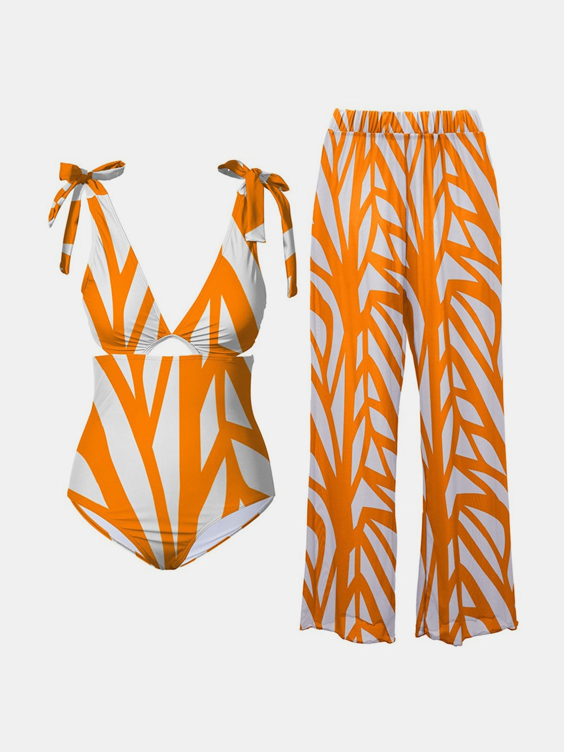 Printed Tie Shoulder Swimwear and Pants Swim Set - ThingsWeUseAndLove Tangerine-2XL