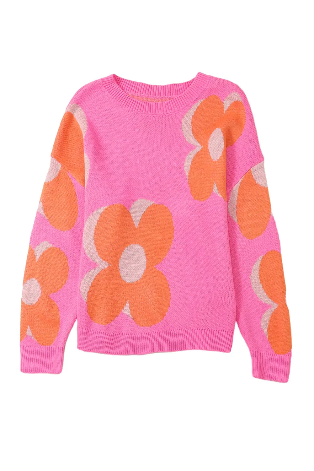 Pink & Orange 60s Floral Cable Knitted Sweater - ThingsWeUseAndLove 