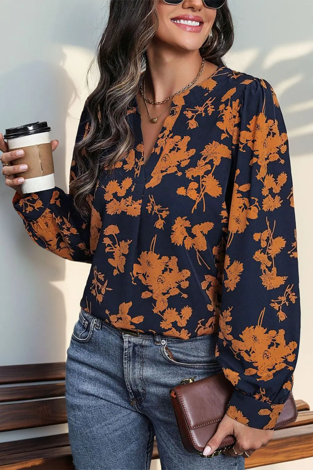 Love Printed Notched Long Sleeve Blouse - ThingsWeUseAndLove 