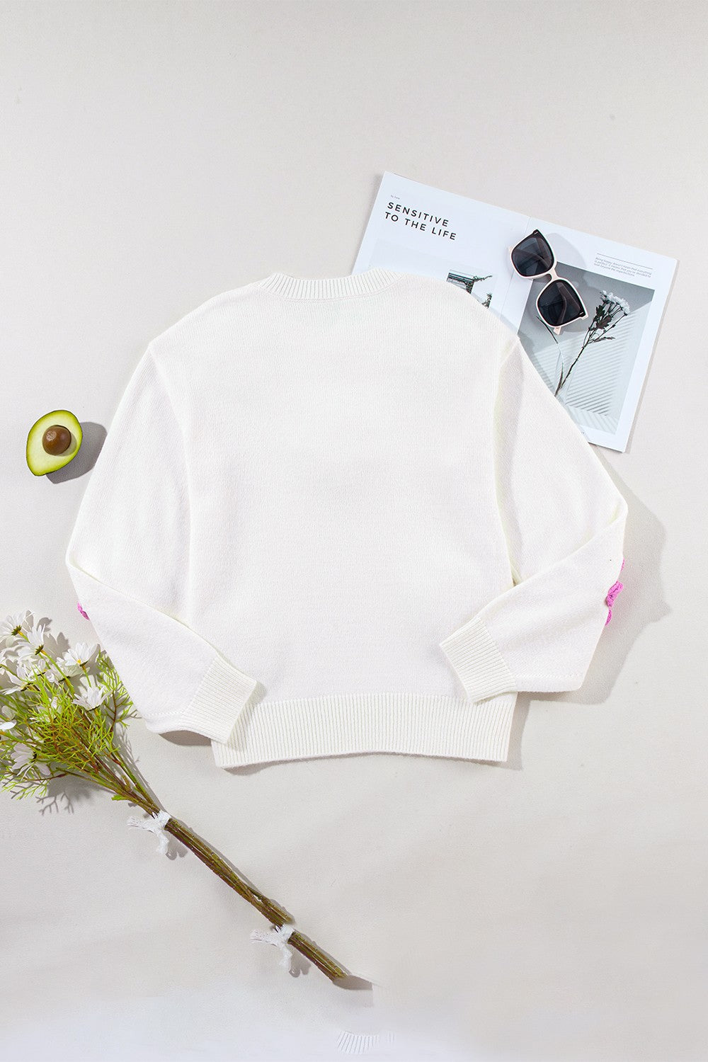 Calla Crochet Flower Round Neck Long Sleeve Sweater - ThingsWeUseAndLove 