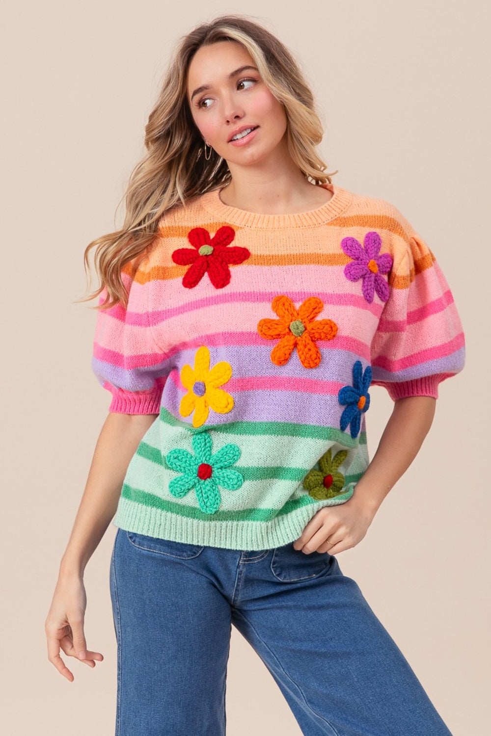 Rainbow & Flowers Puff Sleeve Striped Sweater - ThingsWeUseAndLove 