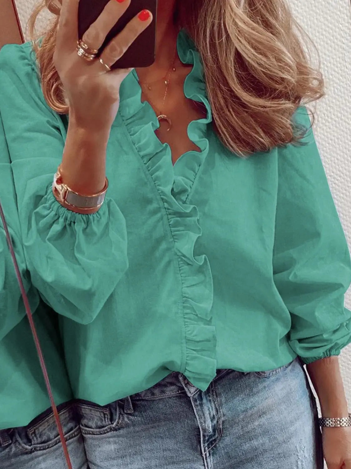 Full Size Ruffled V-Neck Long Sleeve Blouse - ThingsWeUseAndLove 