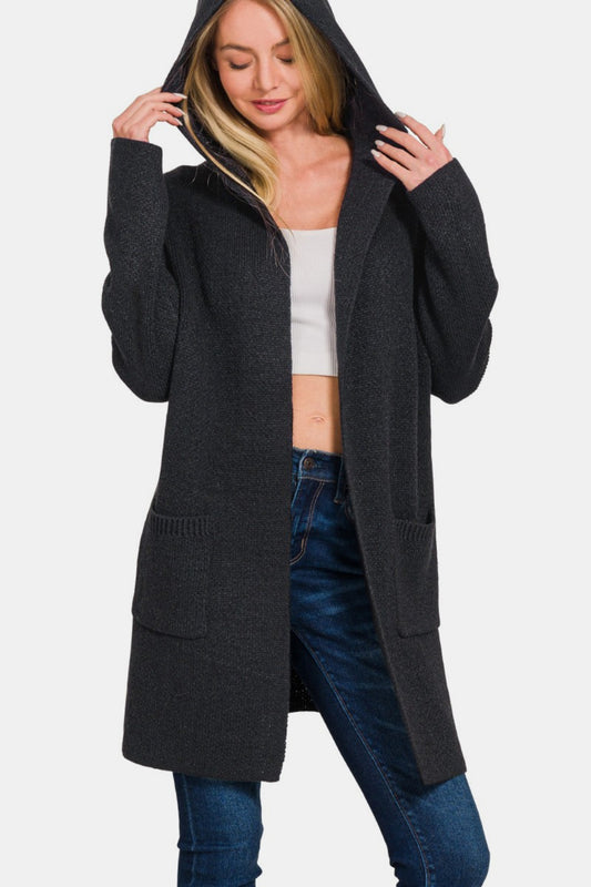 Hooded Open Front Black Sweater Cardigan - ThingsWeUseAndLove 