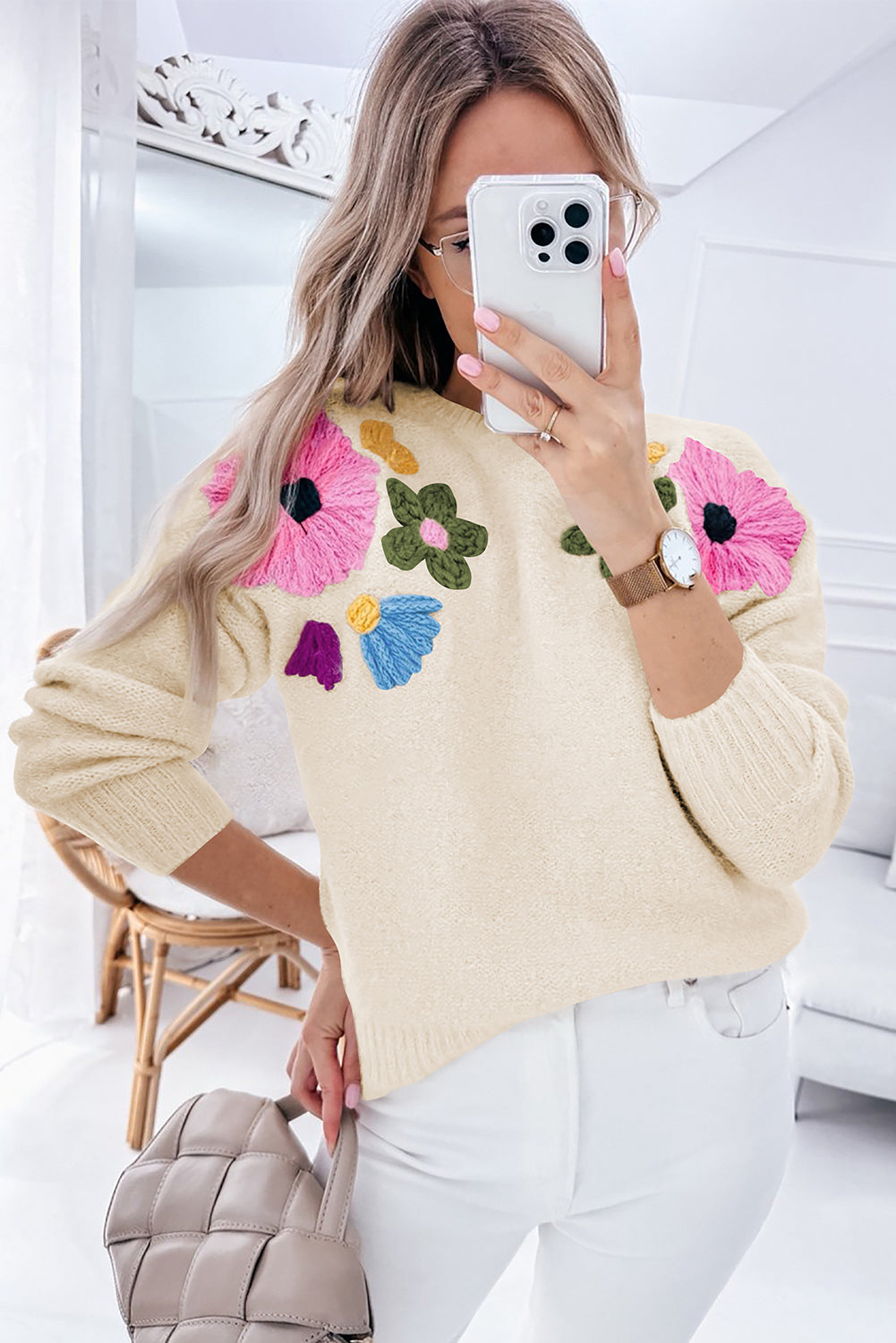 Light Blue Flower Pattern Ribbed Edge Sweater - ThingsWeUseAndLove 