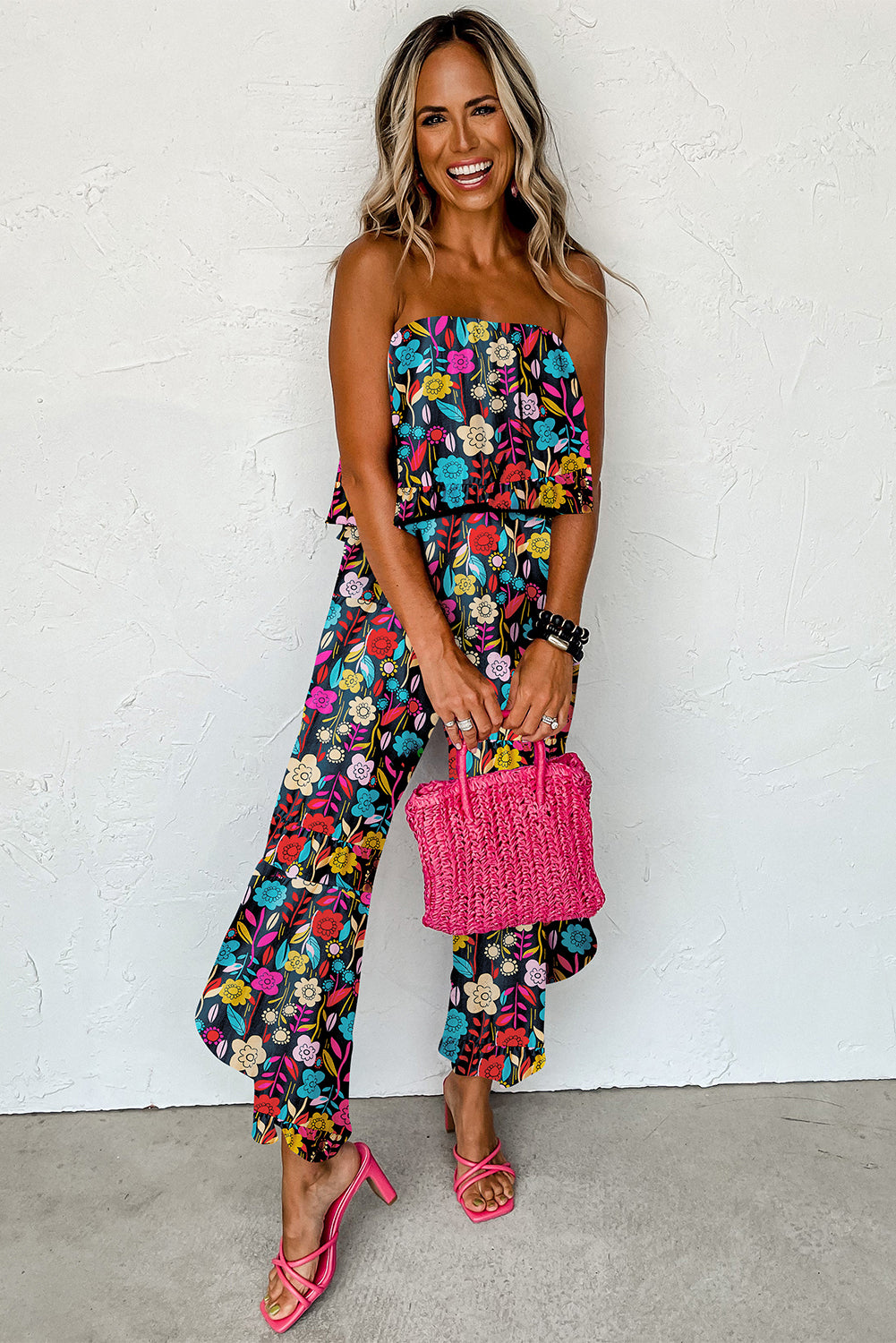 Tropical Print Strapless Ruffle Jumpsuit - ThingsWeUseAndLove 