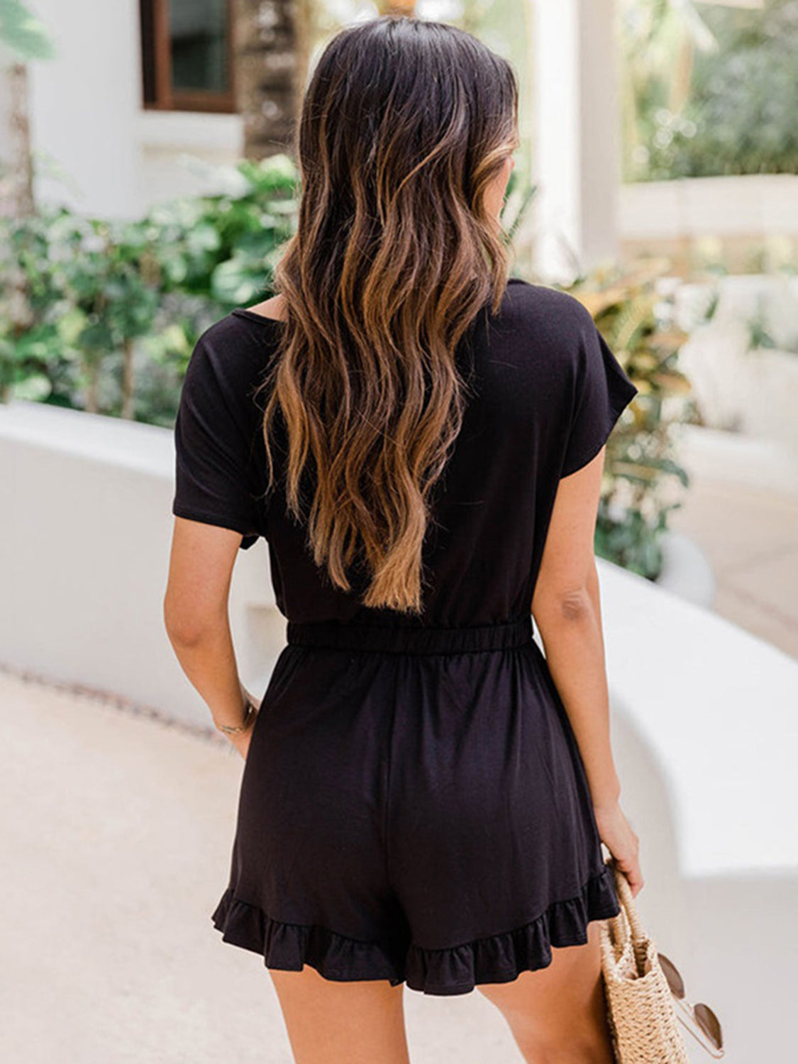 Ruffled Boat Neck Short Sleeve Romper - ThingsWeUseAndLove 