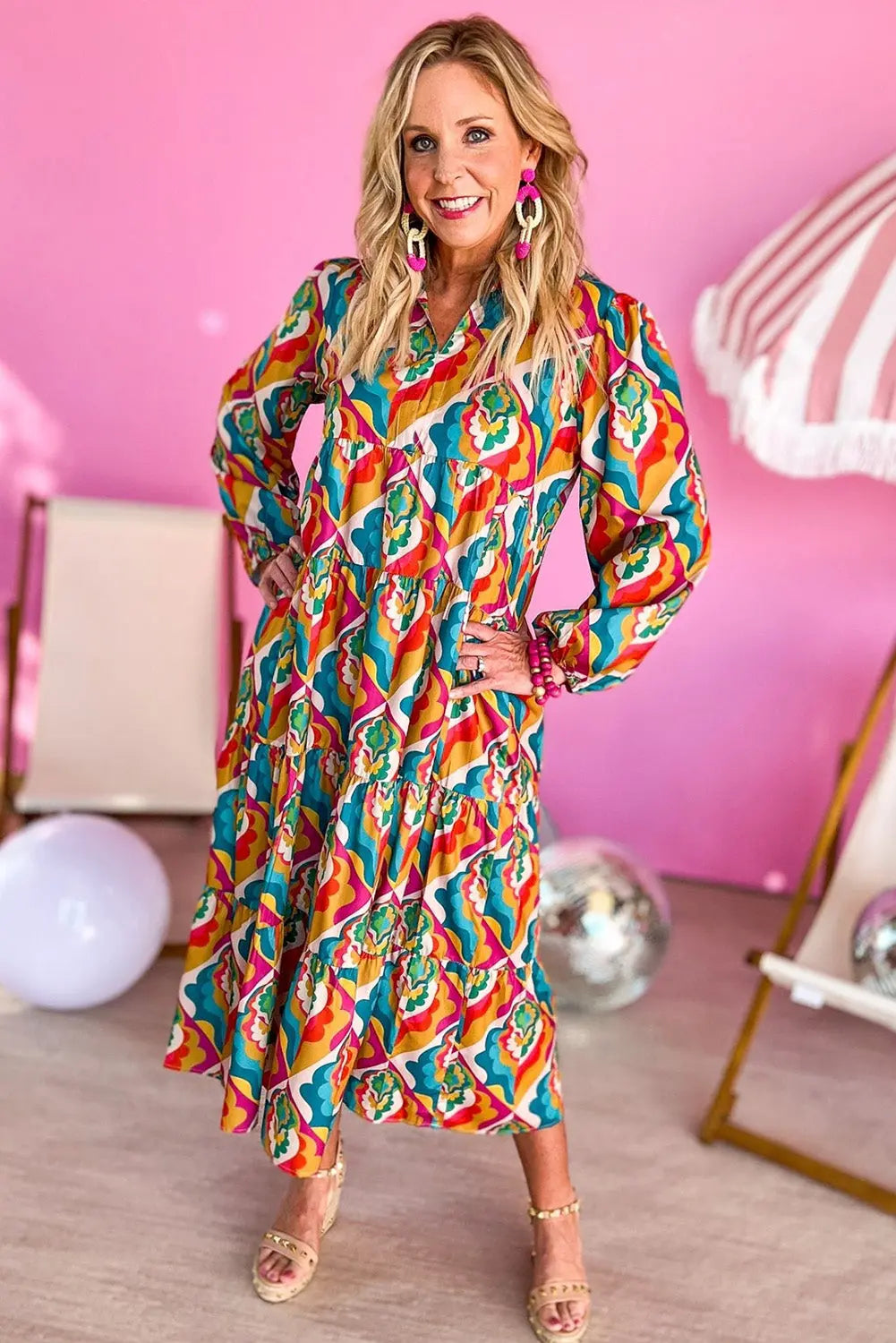 Notch Neck Tiered Multicolor Abstract Geometric Print Boho Dress - ThingsWeUseAndLove 