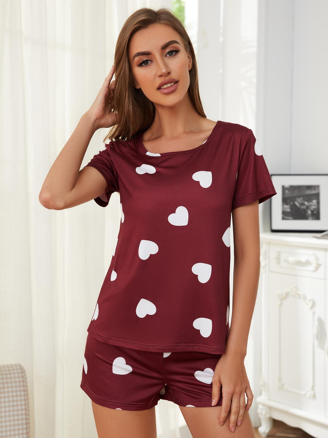 Heart Round Neck Top and Shorts Lounge Set - ThingsWeUseAndLove 