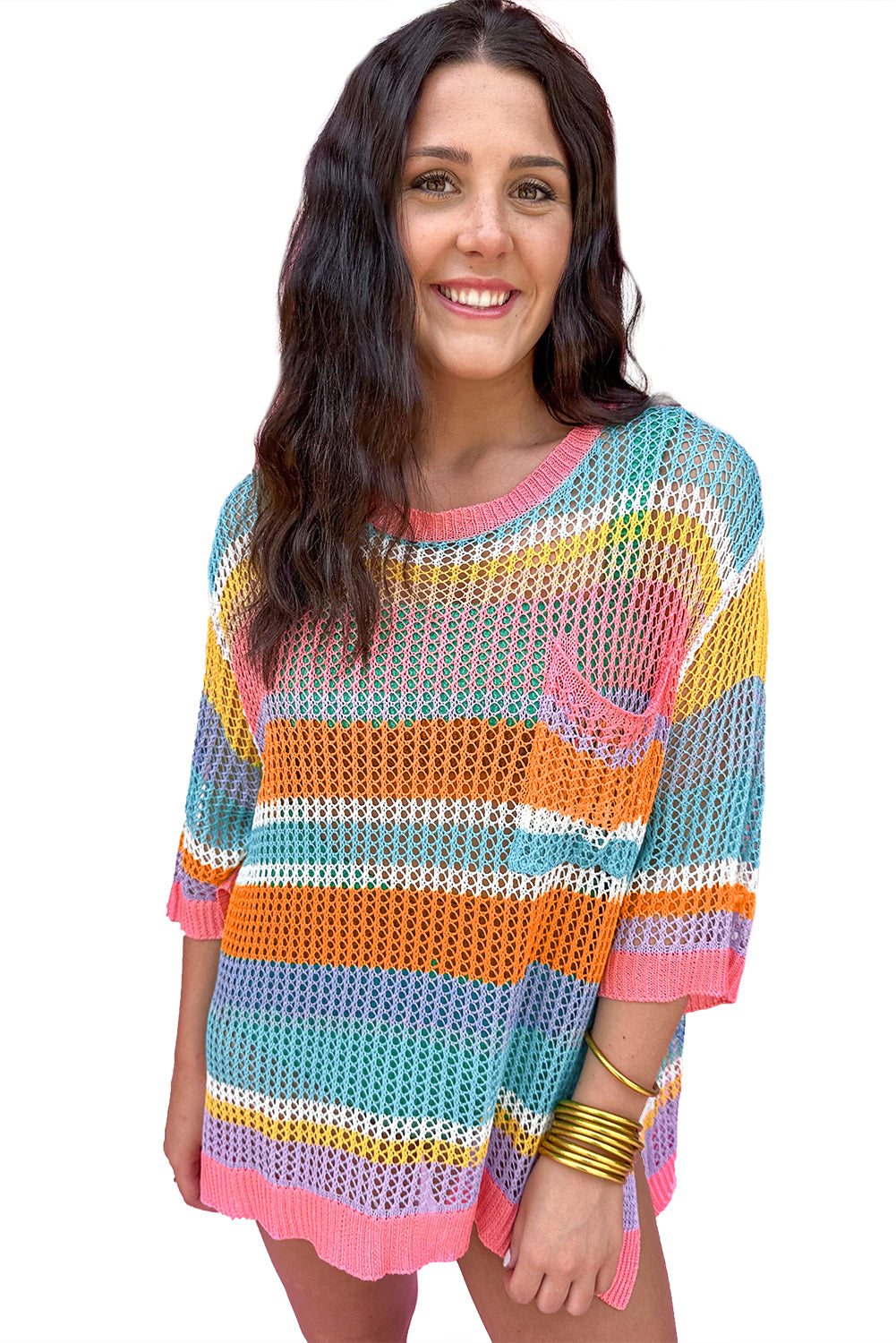 Striped Color Block Hollow Crochet 3/4 Sleeve T Shirt - ThingsWeUseAndLove 