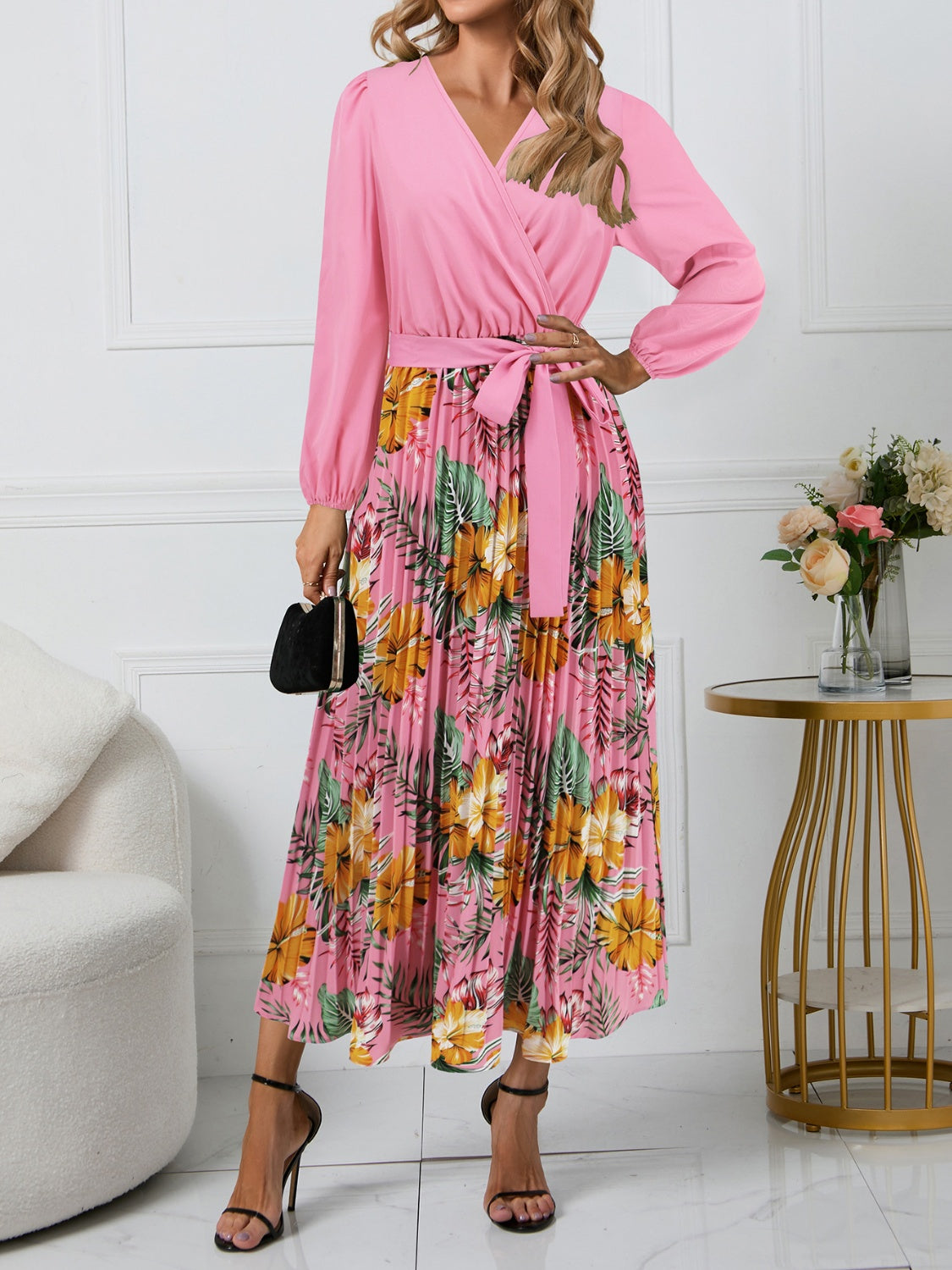 Rilla Pleated Printed Surplice Long Sleeve Dress - ThingsWeUseAndLove Pink-2XL