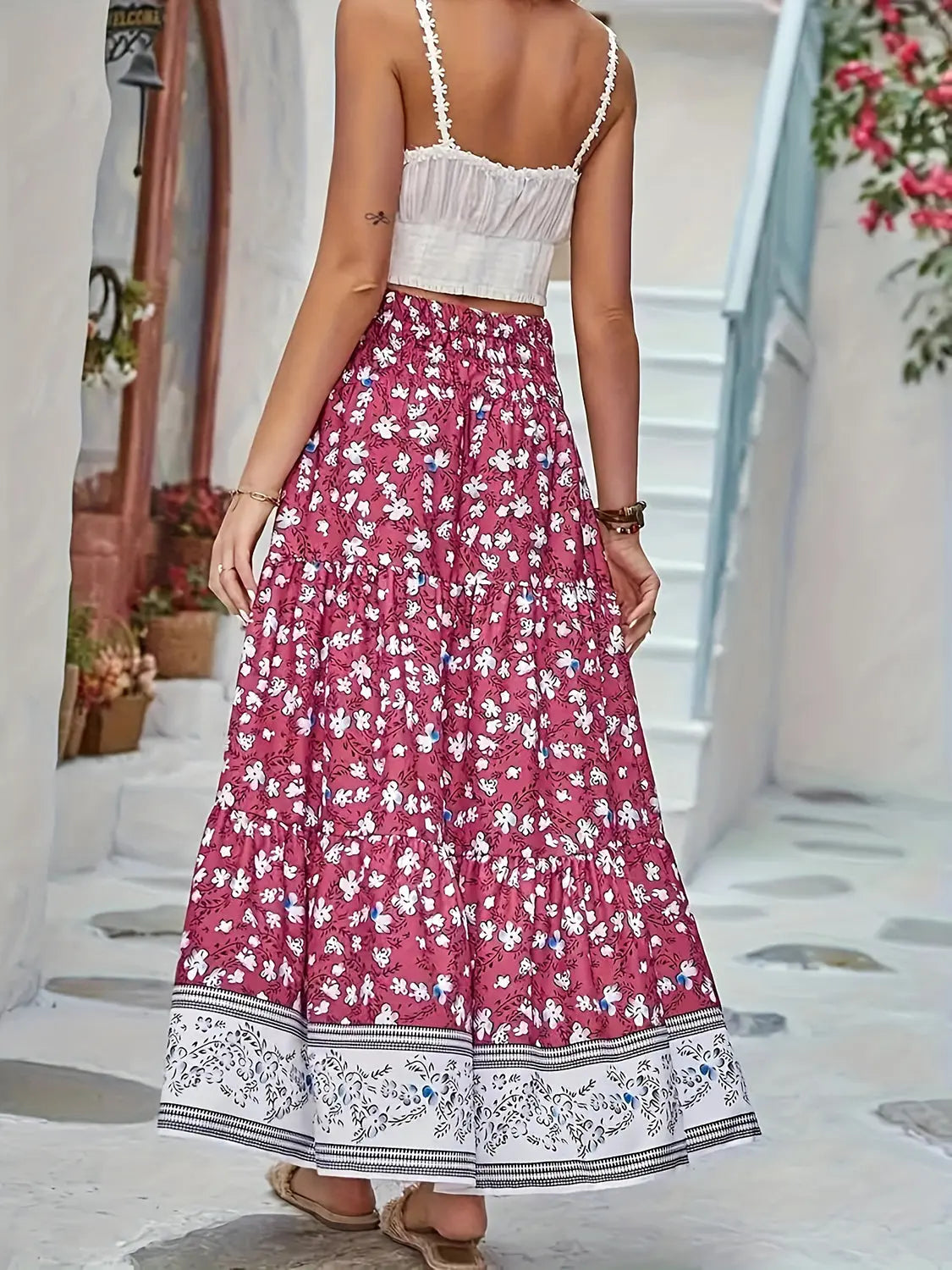 Tiered Printed Elastic Waist Skirt - ThingsWeUseAndLove 