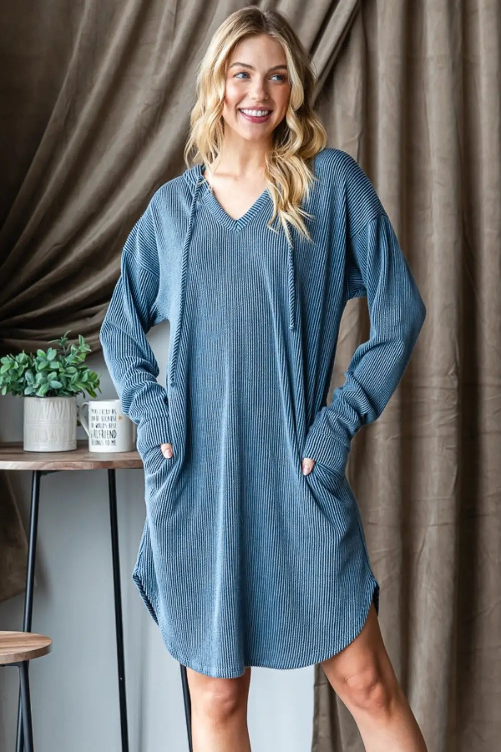 Cindy Ribbed Long Sleeve Hooded Dress - ThingsWeUseAndLove Dk-Denim-L