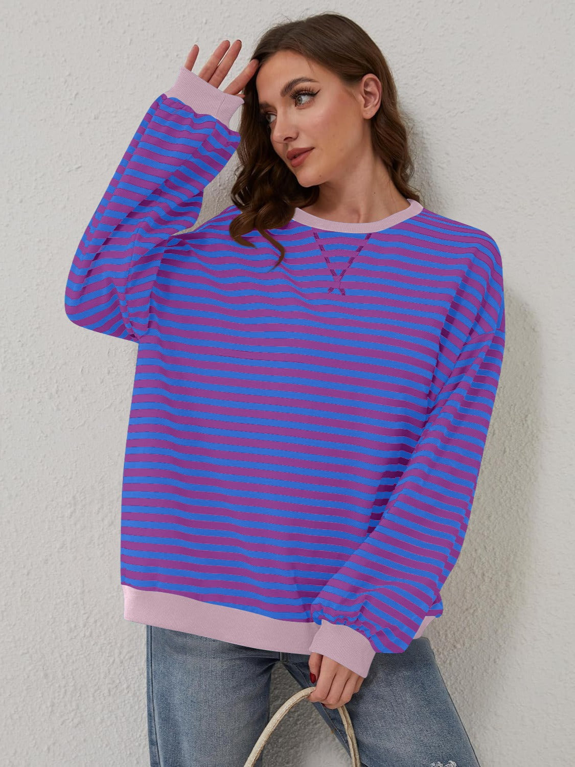 Aviana Contrast Striped Long Sleeve Sweatshirt - ThingsWeUseAndLove 