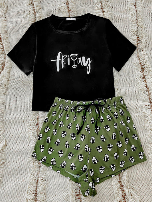 Kimia Graphic Tee and Panda Print Shorts Lounge Set - ThingsWeUseAndLove Green-XL