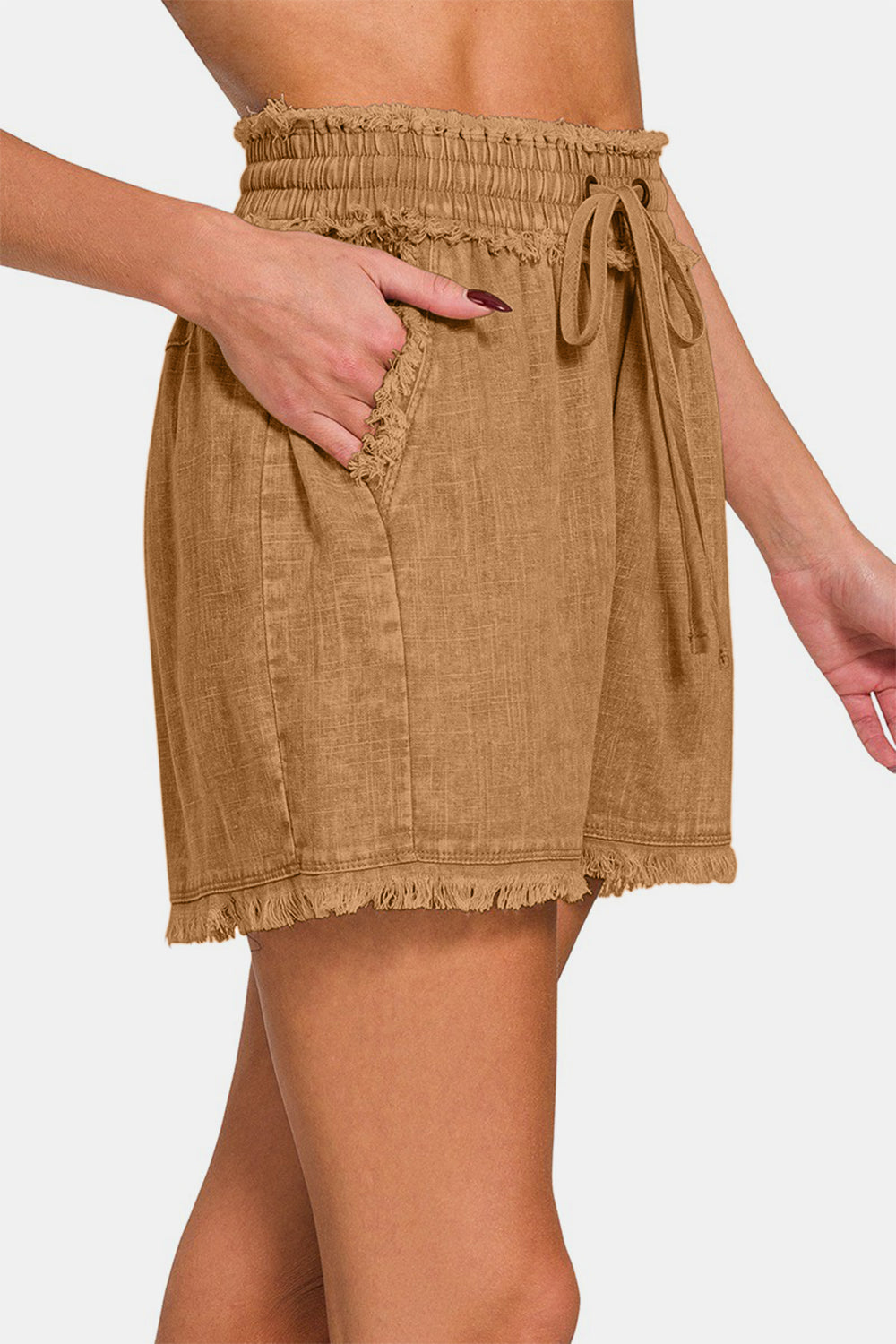 Zenana Washed Linen Frayed Hem Drawstring Shorts - ThingsWeUseAndLove 