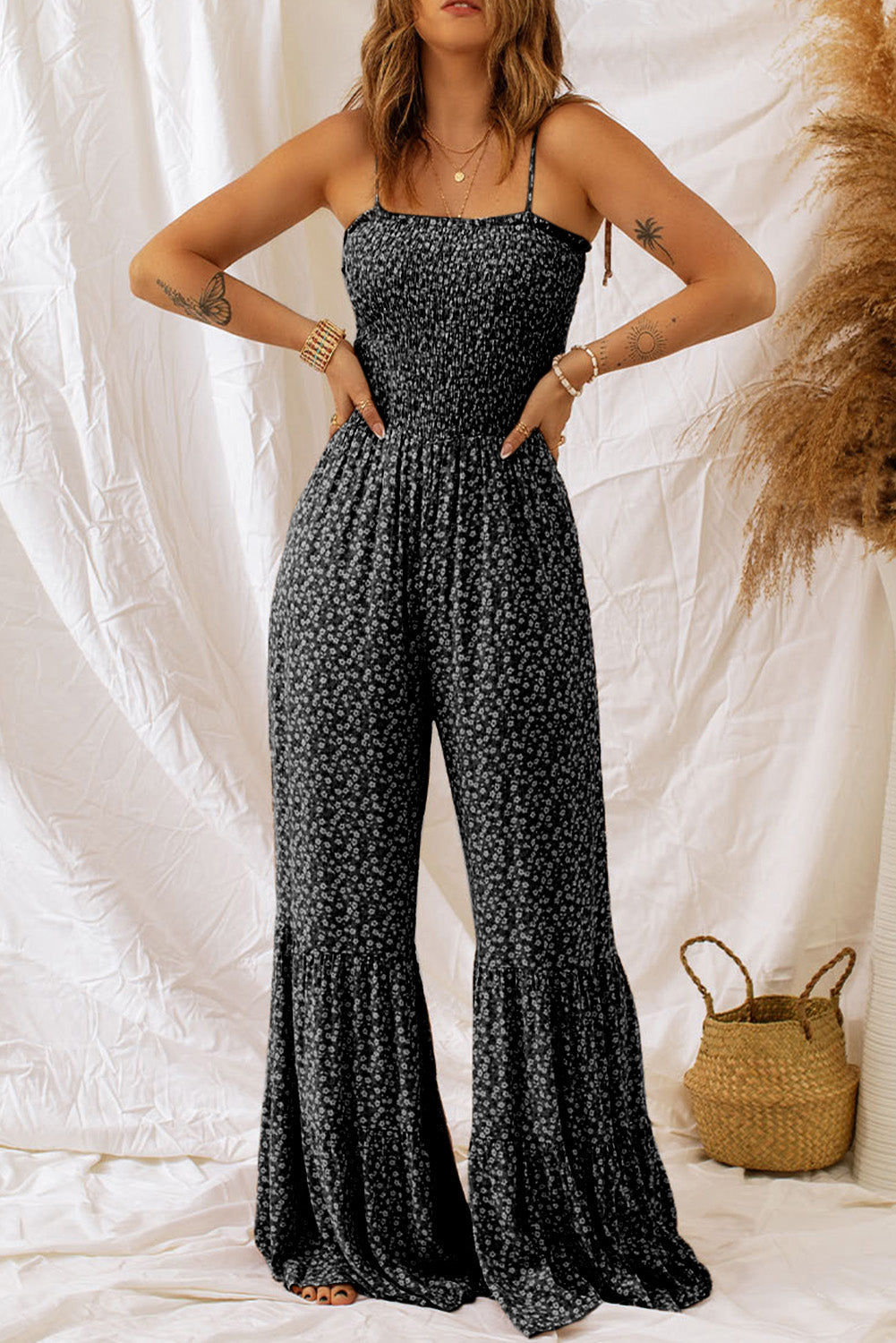 Floral Thin Straps Smocked Bodice Wide Leg Jumpsuit - ThingsWeUseAndLove 