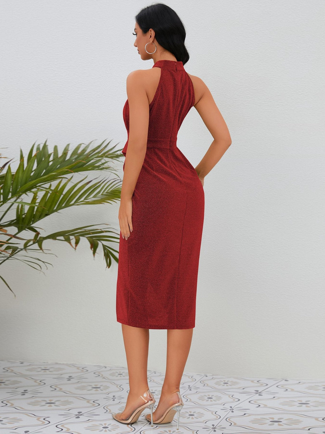 Slit Ruched Mock Neck Sleeveless Dress - ThingsWeUseAndLove Burgundy-2XL