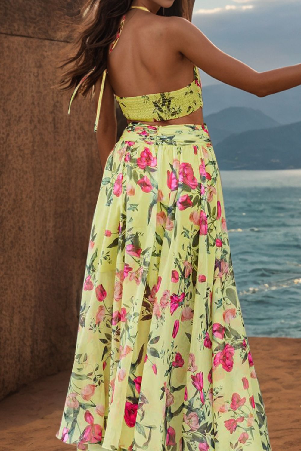 Floral Green Backless Plunge Sleeveless Dress - ThingsWeUseAndLove 