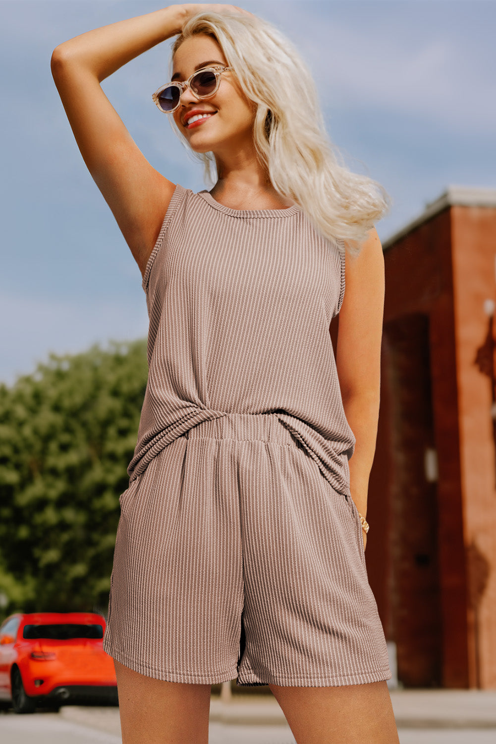 Smoke Gray Corded Sleeveless Top and Pocketed Shorts Set - ThingsWeUseAndLove 