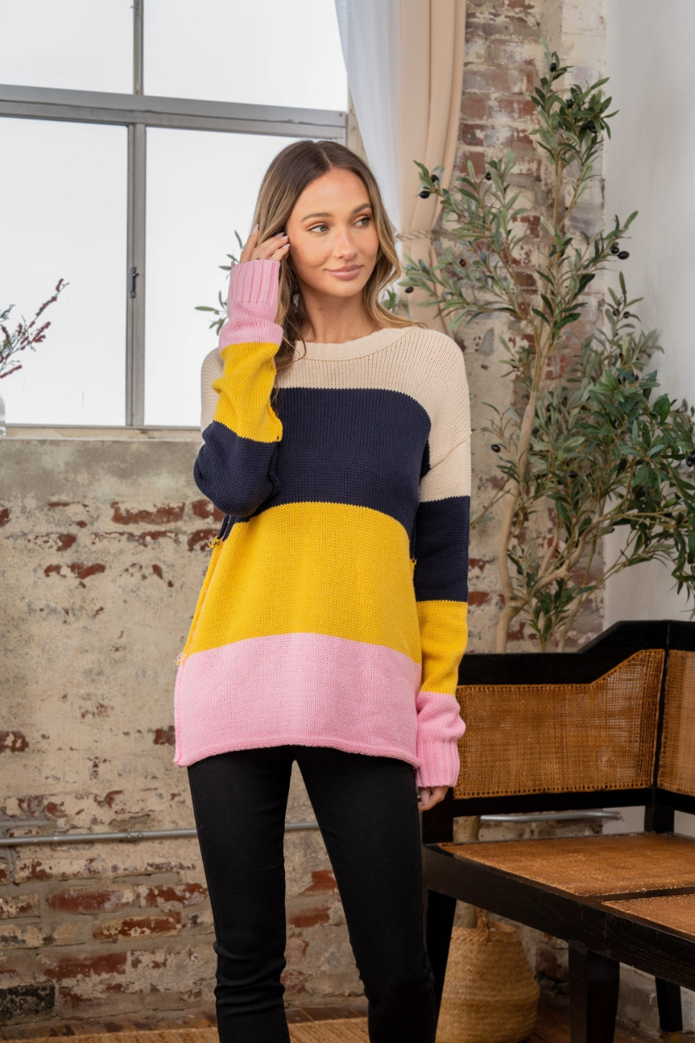 Color Block Exposed Seam Navy/Blush Sweater - ThingsWeUseAndLove 