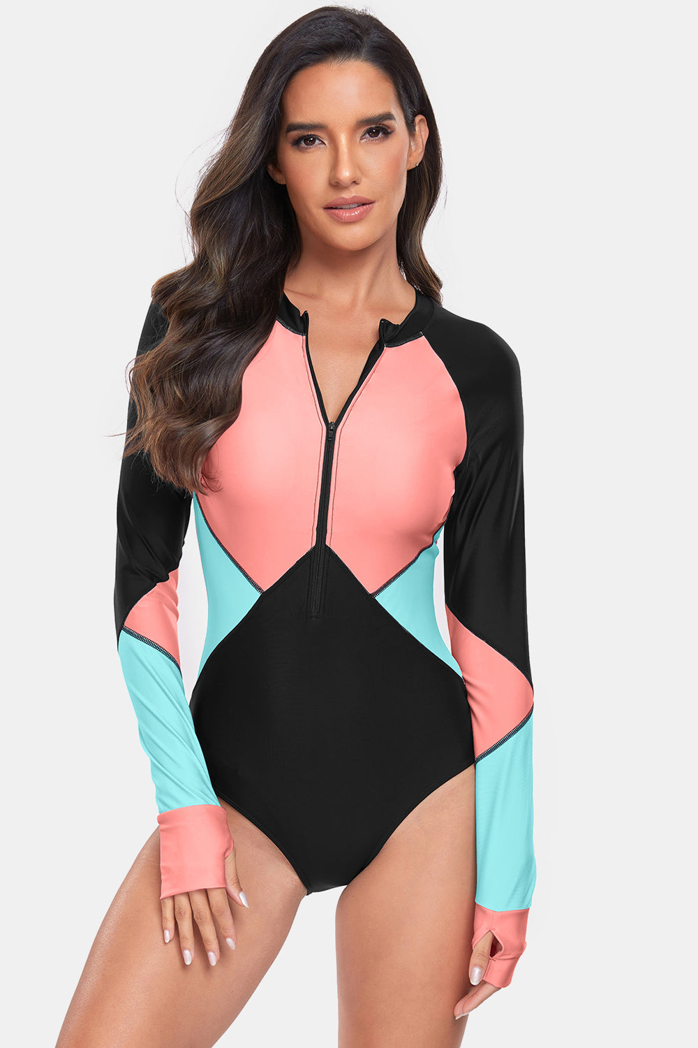 Bree Half Zip Long Sleeve Color Block One-Piece Swimwear - ThingsWeUseAndLove 