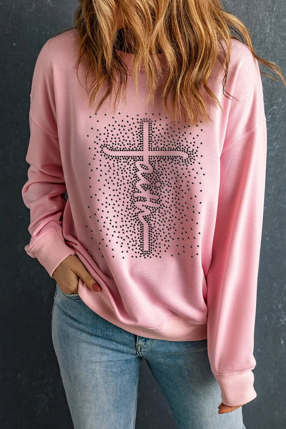 Faith Graphic Round Neck Long Sleeve Sweatshirt - ThingsWeUseAndLove Blush-Pink-XL