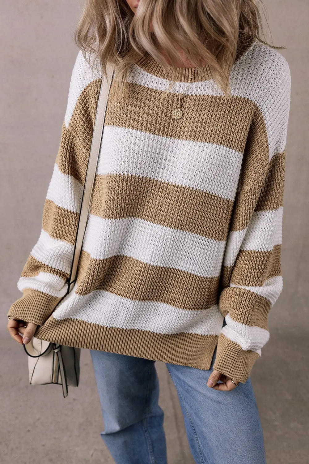 Destiny Color Block Round Neck Sweater - ThingsWeUseAndLove Camel-XL