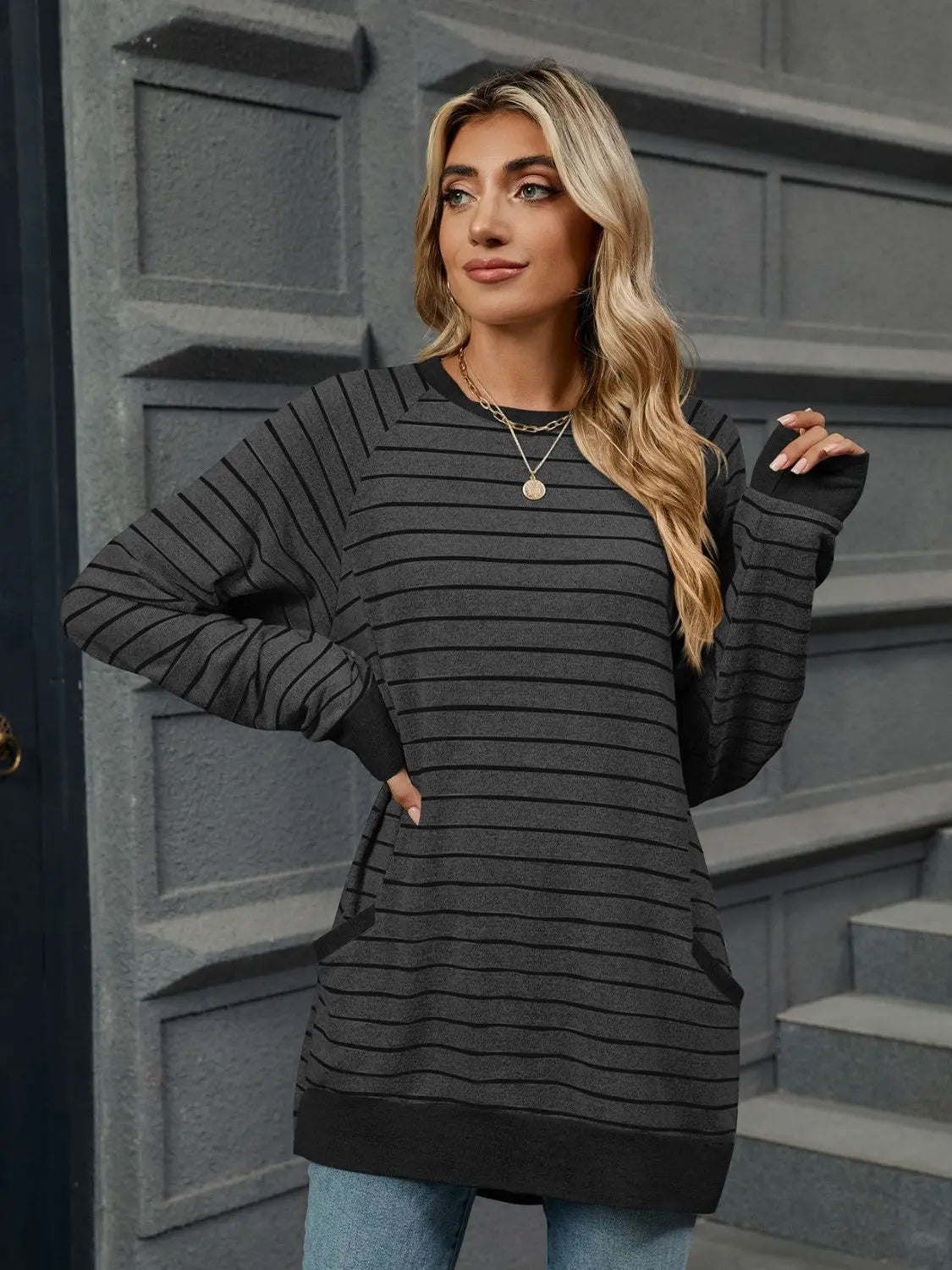 Round Neck Long Sleeve Pocketed Striped Sweater - ThingsWeUseAndLove 